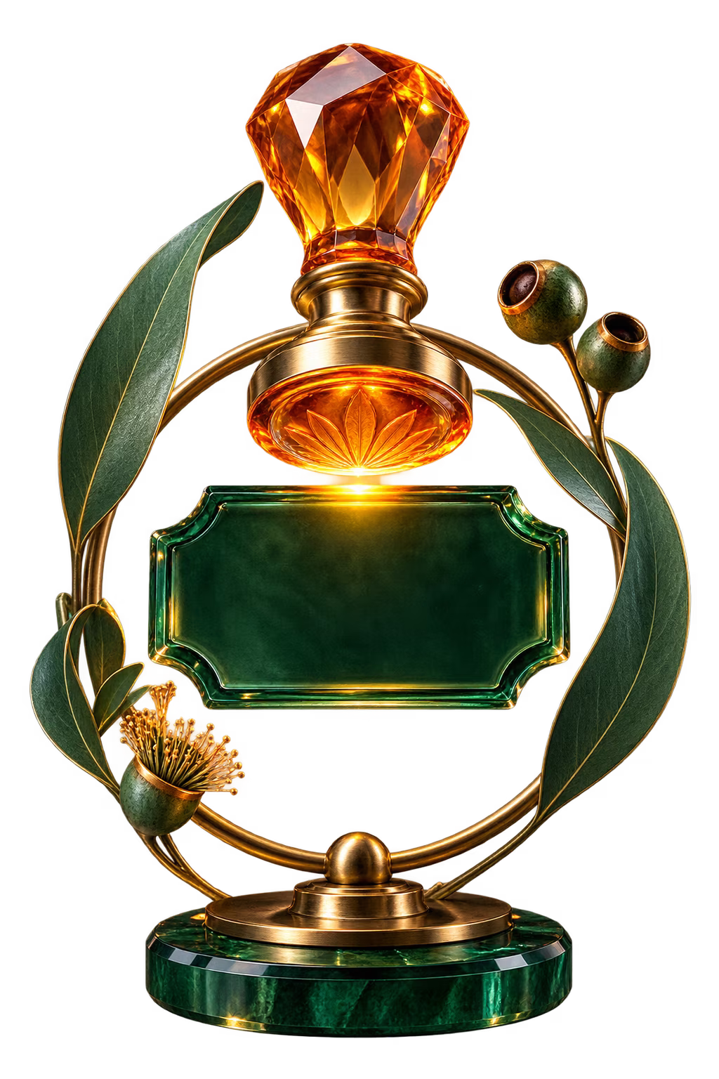 Amber crystal seal above a blank eucalyptus glass token plate