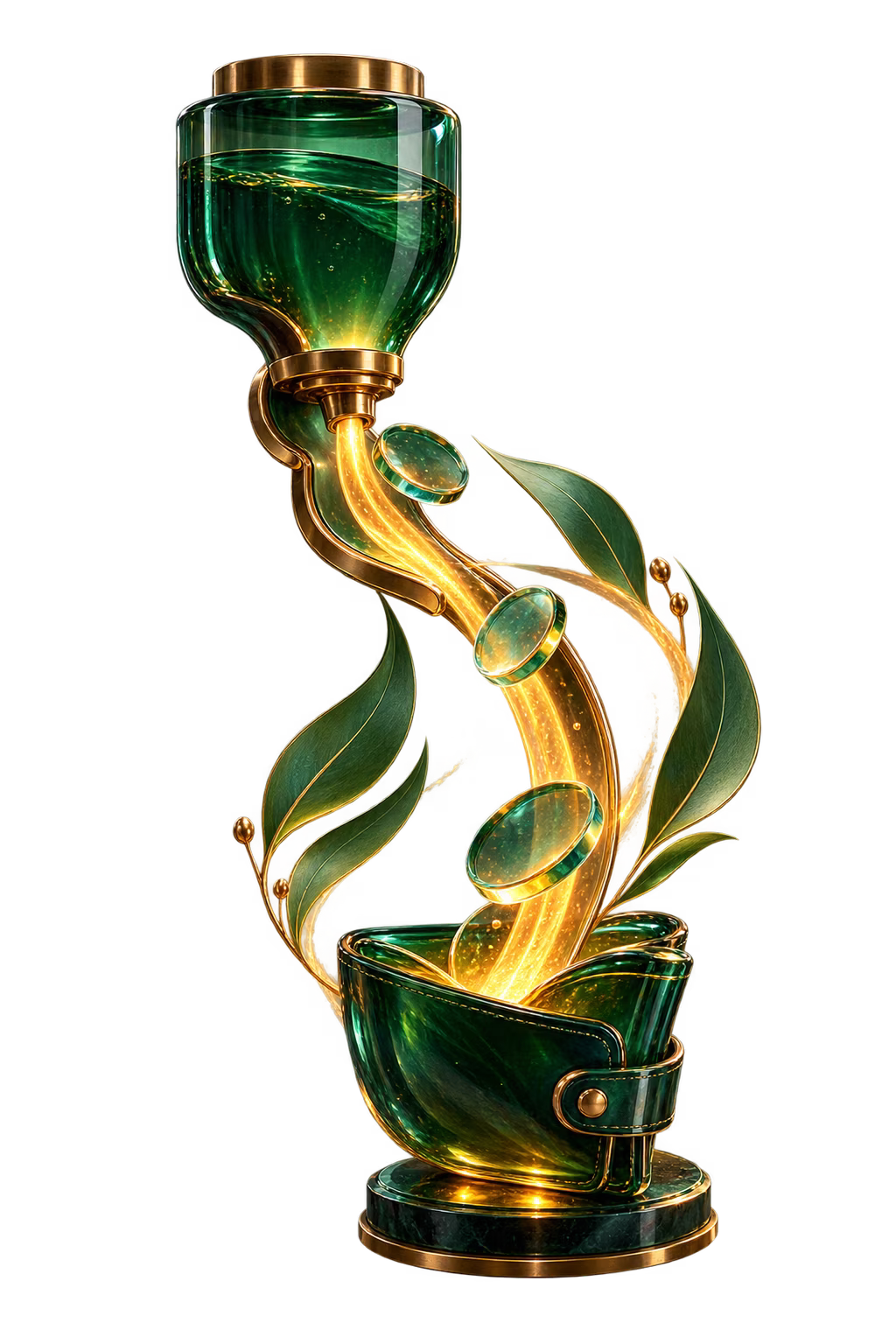 Amber light flowing into an eucalyptus glass wallet vessel