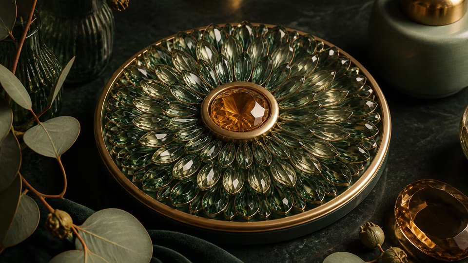 Circular bloom of green glass petals around an amber centre