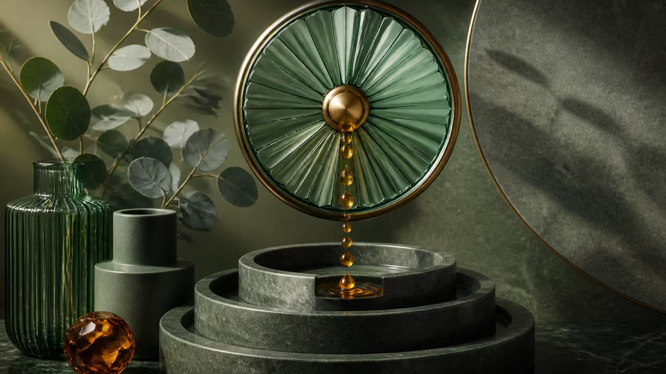 Amber droplets flowing into a tiered green stone basin