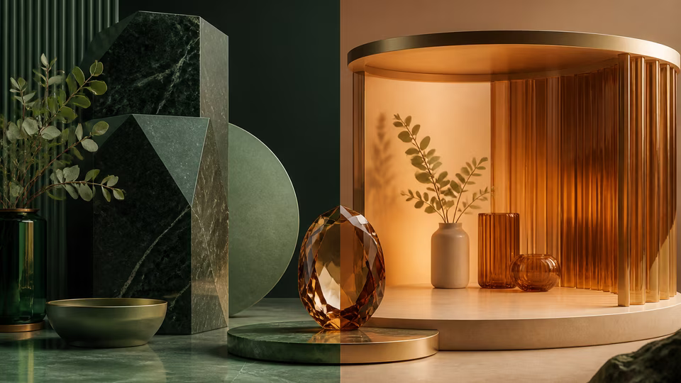 Faceted green geometry beside a softly lit amber pavilion