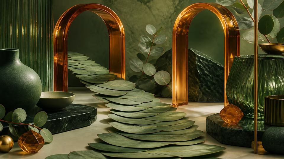 Layered green leaves forming a path between amber portals