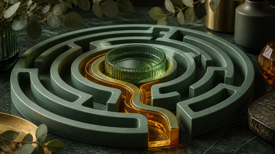Shallow green stone maze with an amber path to a basin