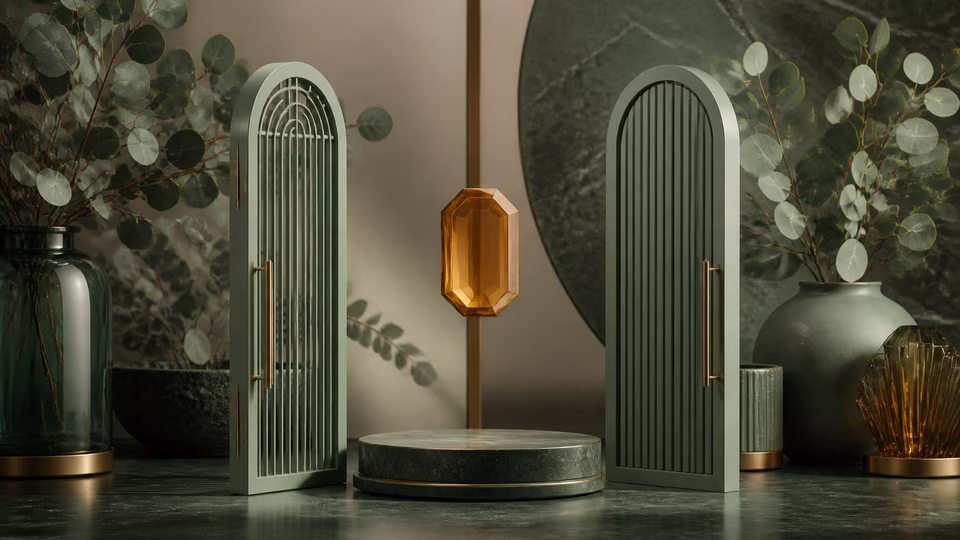 Blank amber key stone suspended between green offer gates