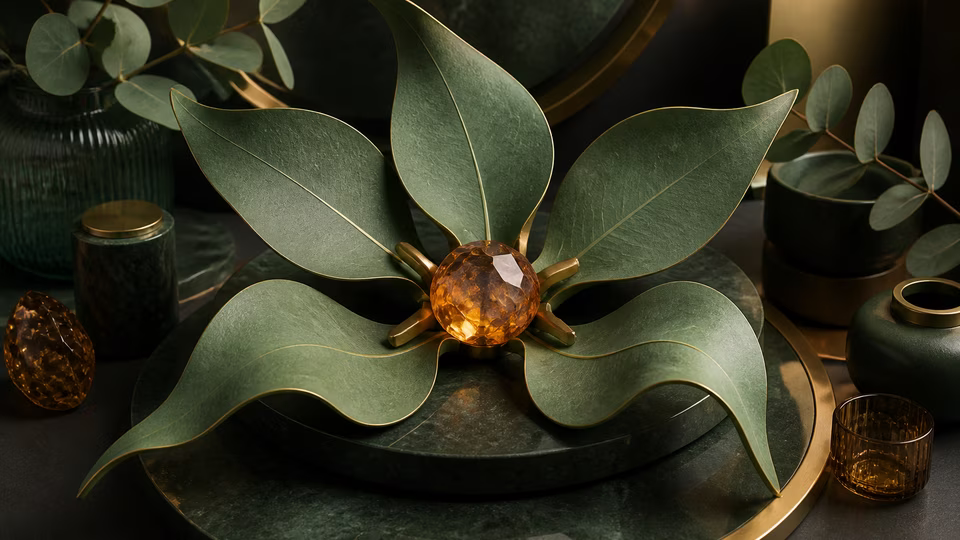 Distinct green leaf forms opening around an amber centre