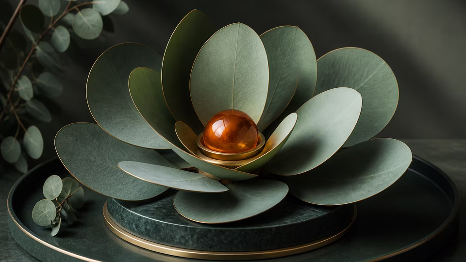 Layered green botanical canopy over a small amber glass core