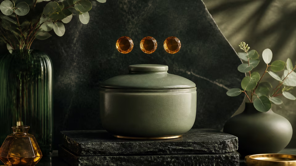 Closed green ceramic vessel aligned beneath amber markers