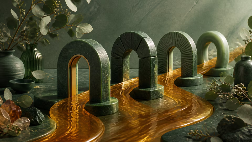 Amber glass river moving through four green stone gates
